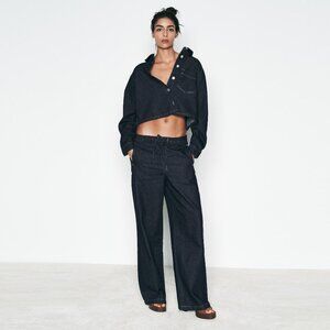 ZARA 1975 HIGH RISE DARK DENIM WIDE LEG DRAWSTRING WAIST JOGGER JEANS SIZE M NWT